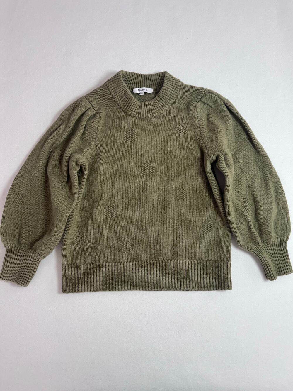 Madewell Dotted Eaton Sweater Womens S Olive Merino Wool Puff Sleeve